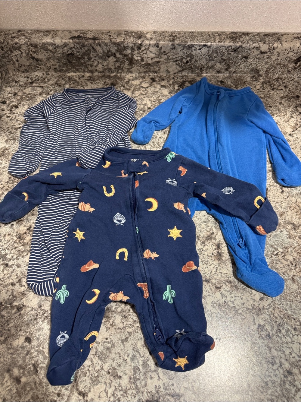 Carters Navy Western & Blue Striped Footed One-Pieces. Wonders Nation solid blue